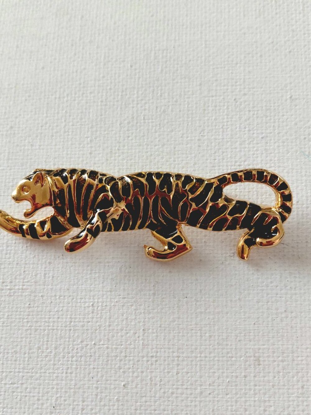 Stalking Tiger Goldtone Metal Vintage Brooch